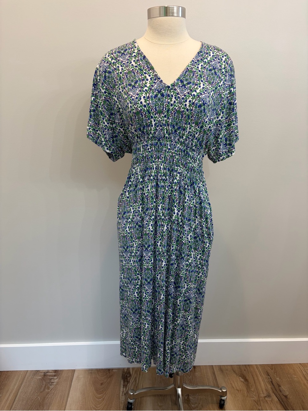 Boden Women's Floral Print V-Neck Maxi Dress Size 8 Petite Blue Green White